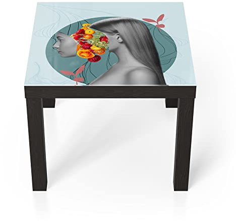 DEQORI Glastisch | schwarz klein 55x55 cm | Motiv Frau mit Blumen im Kopf | ausgefallener Beistelltisch aus Glas | Hochglanz Couchtisch fürs Wohnzimmer | moderner Couch Tisch mit Design