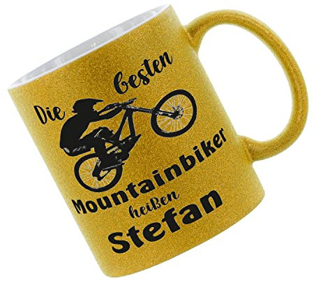 Crealuxe Glitzertasse (Gold) 'Die Besten Mountainbiker heißen' personaliert, Kaffeetasse, Bürotasse