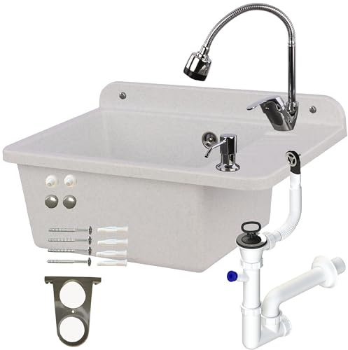 Fregadero de 51 cm blanco de granito de poliestireno, fregadero con grifo móvil, con rebosadero, dispensador de jabón, sifón de pared