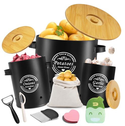 YUTUY Kartoffel Aufbewahrungsbox,Kartoffel Vorratsdosen Set,zwiebel aufbewahrung,3St.Vorratsbehälter Set Kartoffeln,Zwiebeln und Knoblauch Aufbewahrung,Hält Gemüse Länger Frisch inkl Sparschäler