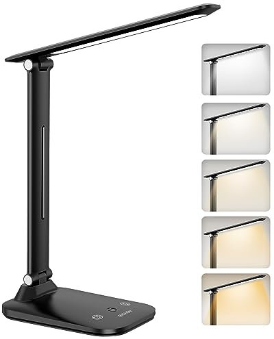 BICKON Dimmbar LED Schreibtischlampe, Timer Tischlampe 5 Beleuchtungsfarbe Modi, 15-100% Stufenlosem Dimmen Berührbare Tischlampe mit USB-Ladeanschluss Leselampe für Kinder Lernen Büro Arbeit Studium