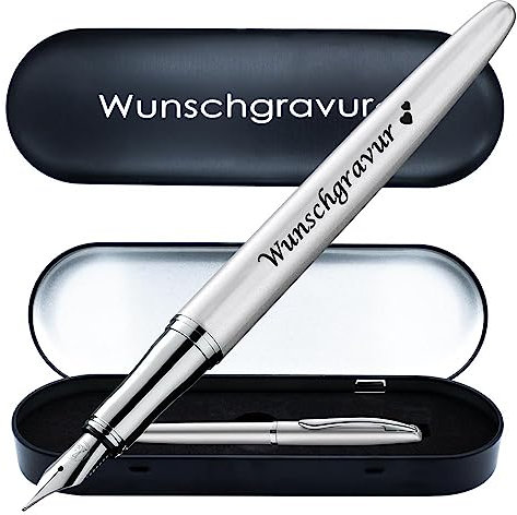 Pelikan Füllhalter Jazz® Noble Elegance mit Gravur als Geschenk | inkl. Etui mit Wunschgravur (Platz für 10 Stifte) | Emojis Gravur möglich | Farbe Silber | personalisiert mit Wunschgravur