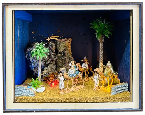 Holyhome Komplette Krippenbox 20 x 25 x 20 cm (7,87 x 9,84 x 7,87 Zoll) beleuchtet bei 3,5 Volt | 100% Made in Italy - Unikate in limitierter Produktion, Weihnachtsatmosphäre (Die Heiligen Drei Könige
