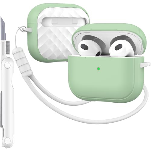 MHYALUDO-Hülle kompatibel mit AirPods 3 Generation mit Reinigungsset, vollständiger Fallschutz mit Trageband, Farbe,Jugendliches Macaron, kompatibel mit Airpods 3-Ladehülle, Grün/Weiß