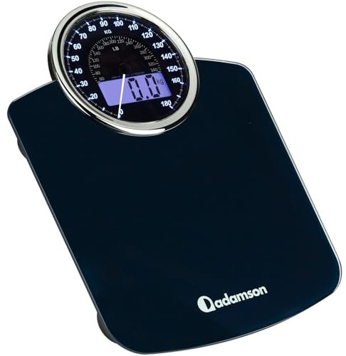 Adamson Pèse-personne Hybride + NOUVEAU + 2-en-1 Digital et Analogique - Jusqu'à 180 kg - Verre trempé épais - Grand écran - Lecture facile