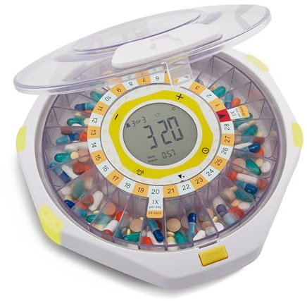 LiveFine Bluetooth Automatischer Pillenspender, 28-Tage-Kapazität, Ton- und Lichtwarnungen, Tastensperre, LCD & Einfache Einrichtung auf der LiveFine App für Rezepte, Medikamente, Vitamine &