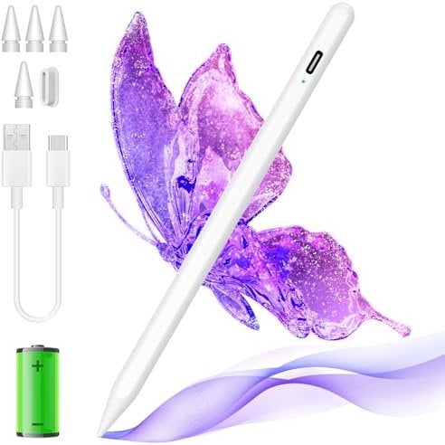Stylus Stift für iPad 2018–2025,14 Mins schnelles Aufladen,Bluetooth Stift kompatibel mit iPad 10/9/8/7,mit 4 Spitzen,Weiß