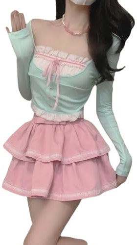 Damen Sommer Set Sexy kurzes Top Mint Grün Sexy Kurzes Top Sommer Einfarbig Rüschen Süß Plissee Doppels chicht Kuchen Rock Set (Set,M)