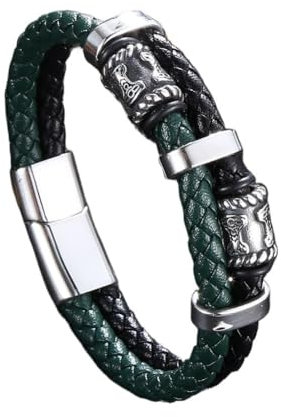 TQWSVUM Thor's Hammer Lederarmband Für Herren - Wikinger Mjolnir Perlen Perlen Weben Seil Armreifen - Doppellagige Geflochtene Ledermanschette Armband Paar Schmuck (Color : Green_185MM)