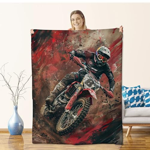 Motorraddecke für Dirtbike-Liebhaber – Herren, Kinder, Flanell-Überwurfdecke für Sofa, Couch, Bett, Wohnzimmer – weich, warm, gemütliches Fahrrad-Dekor – 203,2 x 152,4 cm