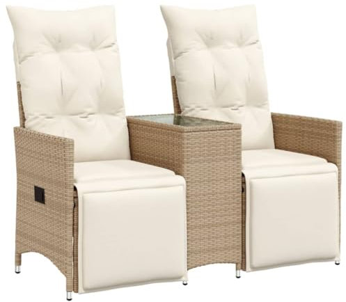 vidaXL Gartensofa, Sofa 2-Sitzer mit Tisch Verstellbare Rückenlehne Fußstütze, Lounge Sitzgruppe für Garten Terrasse, Gartenmöbel, Beige Poly Rattan