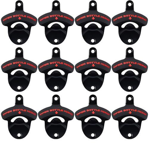 Luwanburg 12 PCS Wall Mounted Bottle Opener Bulk Beer Cap Opener Mountable for Post Wood Board (Black with Red)