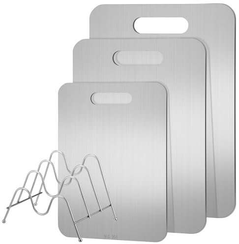 Yaocom 3 taglieri da cucina in acciaio inox 304 con supporto, in acciaio inox 304, tagliere in metallo su entrambi i lati, facile da pulire per carne, frutta, verdura, 3 misure