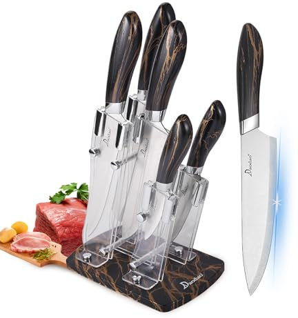 AVEKI 6-Piece Stainless Steel Cooking Knife Set with Acrylic Stand, Ultra Sharp Marble Cracks Chef Knives, Ergonomic Handle, Suitable for Home (Black)