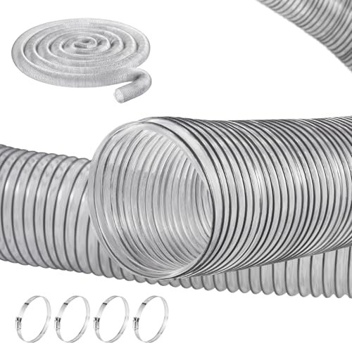 VEVOR 4inch-2 Dust Collection 4'' x 50', Thickened PVC Material Puncture-Resistant Flexible Clear Hose with Carbon Steel Wire Coil 4 x 304 Stainless Clamps, for Table, Band Saw, Planer, Jointer, White