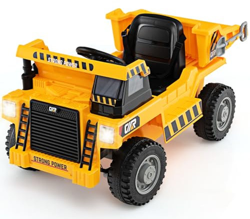 GYMAX 12V Kids Ride On Car, Children Electric Construction Vehicle with Remote Control, Adjustable Dump Bed, Shovel, Light, Music, MP3, USB and Soft Start, Ride On Dump Truck for Boys Girls (Yellow)