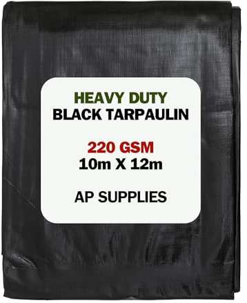 10m x 12m Black Tarpaulin Cover - 220gsm Thick - Waterproof, Weatherproof, Frost-Resistant, UV Protection, Universal, Multipurpose, Groundsheet, Camping, Boating, Hiking, Heavy Duty Sheet