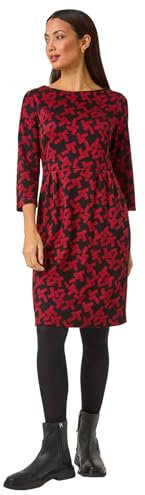 Roman Originals Shift Dress with Pockets for Women UK - Ladies Summer Autumn Winter Smart Casual Work Short 3/4 Sleeve Tunic Knee Length Pleated Gathered Waist Tea Loose - Red Black - Size 12