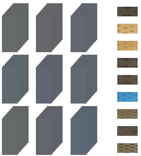 Pavlleen 81 Pièces papier de Verre, 23 x 9.3 cmPapier Abrasif, Papier Poncage a l'eau et sec 400 600 800 1000 1200 1500 2000 2500 3000 Grain, pour Polir le Métal le Bois les Voiture, Pierre, Vernis