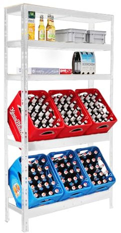 PROREGAL Getränkekistenregal Bodensee 6 Kisten mit 3 Ablagen Weiß, 180x100x30 cm, freistehend Kistenständer Getränkeregal Wasserkistenregal Bierkistenregal
