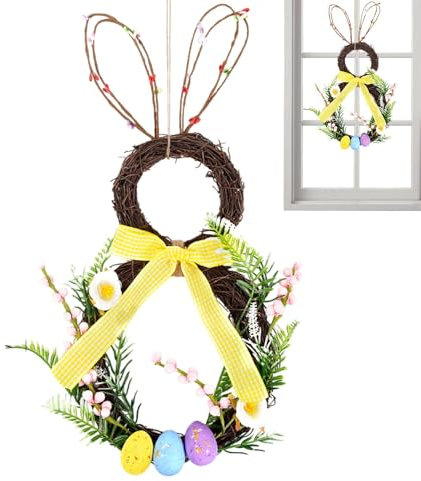 Osterhase Türkranz | Künstlicher Kaninchenkranz für Ostern | Niedlicher Osterhasenkranz Hasengirlande Künstliche Kränze für Haustür
