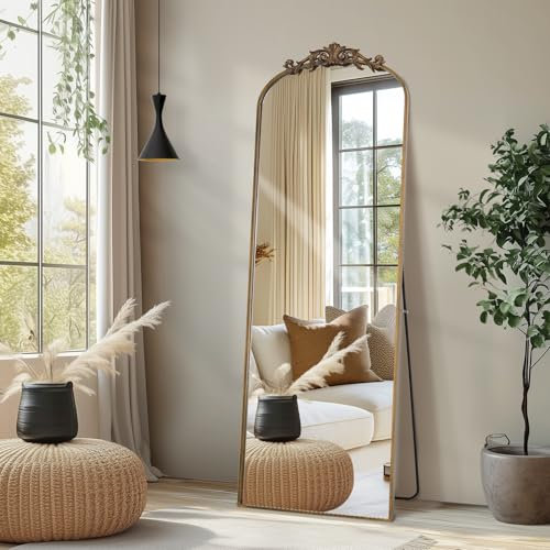 Melodieux Gewölbter Bodenspiegel, traditioneller Vintage-Stil, volle Länge, 44 x 146 cm, verziert, barock, freistehend, Wandmontage, für Eingangsbereich, Flur, Schlafzimmer, Wohnzimmer, Bronze