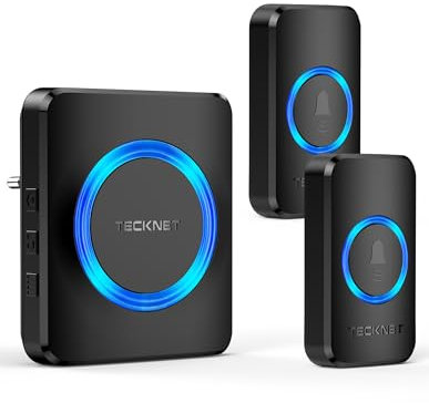TECKNET Funkklingel, IP65 Funk klingel Aussen Wasserdicht, Kabellose Türklingel Set 600M Reichweite, Haustür Klingel kit mit 1 Plug-In-Empfänger und 2 Sender, 60 Melodien doorbell Mit LED-Blitz