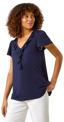 Roman Women Frill Front Vest Top Ladies Ruffle Blouse Summer Spring Special Occasion Evening Holiday Cruise Cocktail Party Short Long Sleeve Sleeveless V-Neck - Navy - Size 20