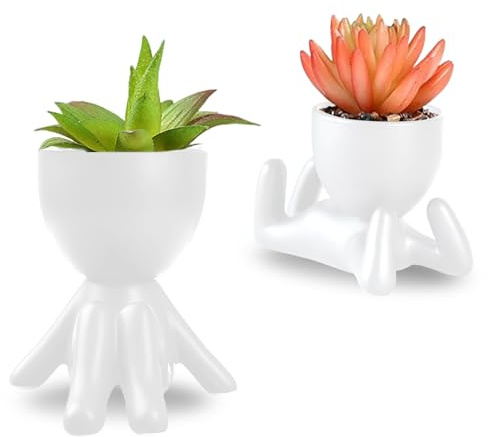 Confezione da 2 piccole piante artificiali decorative, mini vasi per cactus a forma di umano, vasi per piante grasse da interno piante artificiali per la decorazione di ufficio e soggiorno (Bianco)