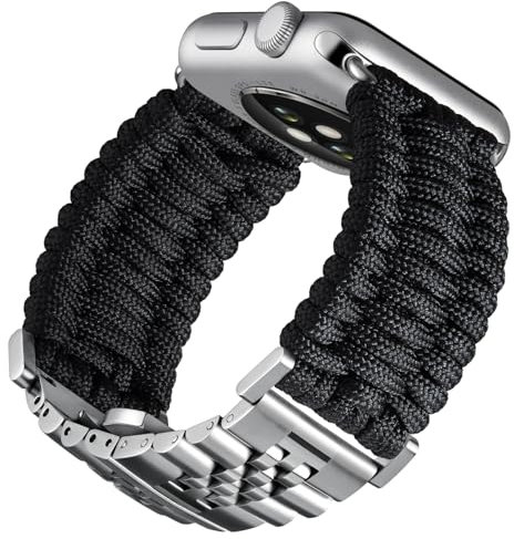 BINLUN Compatibile con Apple Watch Cinturino 42mm 41mm 40mm 38mm Cinturini Sportivo Intrecciato 550 Paracord Acciaio Compatibile con iWatch Serie 10/9/8/7/SE2/SE/6/5/4/3/2/1(Nero Argento)