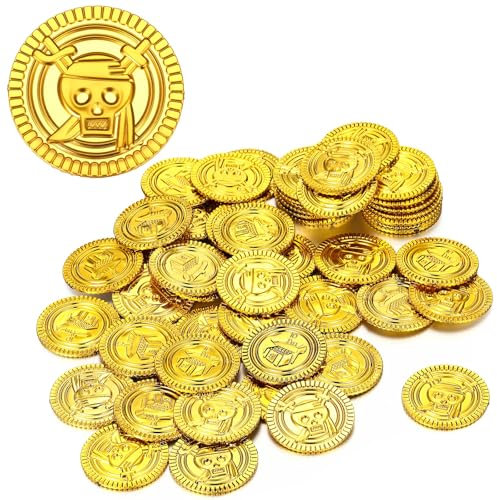 Aoriher 50 Stücke Plastik Münzen Piraten Schatz Gefälschte Münzen Piraten Schatzsuche Truhe für Schatzsuche Party Tasche(3,5 x 3,5 x 0,2 cm,Gold)