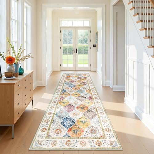 SHACOS Läufer Flur 80x300 cm rutschfest, Langer Teppichläufer Waschbar Bunt | Flurläufer Vintage Weich, Gummierte Rückseite, Boho Teppich Läufer für Küche, Eingang, Vorzimmer, Wohnzimmer