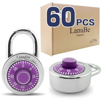 LanuBe Standard Dial Combination Lock, 2 inches. Wide, with Different Combinations, Purple Turnplate, Pack of 60; Lock for School, Employee, Gym Sports Locker, Case, Toolbox