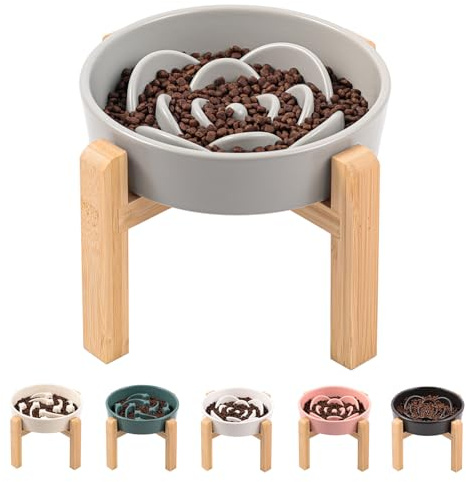 Grey Ceramic Dog Bowl Slow Feeder for Medium and Large Breed,Elevated/Raised 1.5 Cup 8.26 in Slow Feeding Bowl,Puzzle Dog Food Bowl for Fast Eater,Maze Dish for Fast Eater