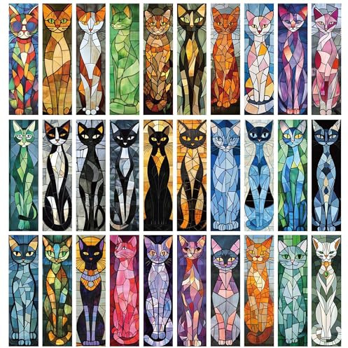 YIMINGOUFEI Stained Glass Cat Bookmarks, 30 Pack, 15 x 4 cm, Writable Back | Colourful decorative artwork for students, cat lovers and thoughtful gifting