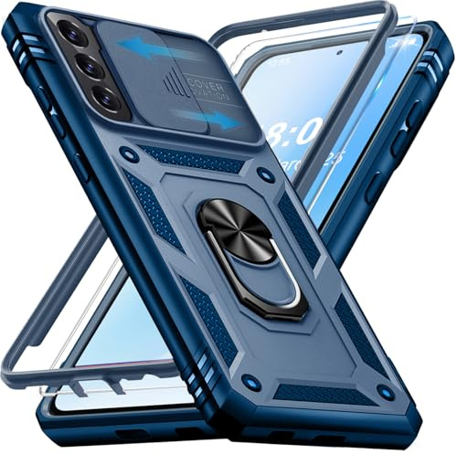 KOGENG Coque pour Samsung Galaxy S21 FE avec Verre Trempé, 360° Antichoc Étui de Militaire Protection Anneau Support Renforcée Armure Telephone Housse pour Samsung S21 FE 4G/5G Case (Bleu)