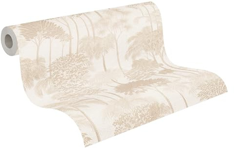 A.S. Création Palmenblatt-Vliestapete – Beige, Creme – 10,05 x 0,53 m | Florales Palmenblatt-Motivals Akzent – schimmernde Motivtapete im Metallic-Look, einfach zu verkleben & spurlos abziehbar