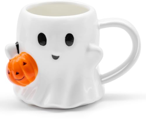 Halloween Tasse 600 ml – Keramik Geisterbecher mit Kürbis, Große Halloween Kaffeetasse für Kaffee, Tee, Kakao, Pumpkin Spice Latte und Herbst Deko