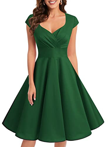 Bbonlinedress Robe Femme de Cocktail Vintage Rockabilly Robe plissée au Genou sans Manches col carré Rétro, Vert, XL