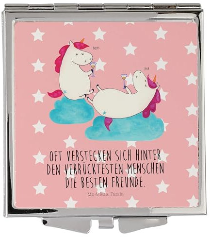 Mr. & Mrs. Panda Handtaschenspiegel quadratisch Einhorn Sekt - Geschenk, Einhorn Deko, Schminkspiegel, Einhörner, silber, Freundinnen, Unicorn, Spaß,