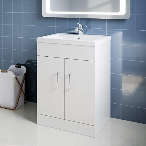 ELEGANT Premium Vanity Sink Unit with Vitreous Basin, Floor Standing Vantiy Cabinet with Sink, White Matte Painted Bathroom Vanity Storage with 2 Shelves, 595mm