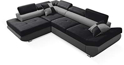 Robin Saturn Ecksofa mit Schlaffunktion Bettkasten 5 Verstellbare Kopfstützen 2 Kissen Sofa L-Form Schlafsofa Freistehende Eckcouch Schlafcouch Wohnzimmermöbel Wohnlandschaft Links Schwarz Grau