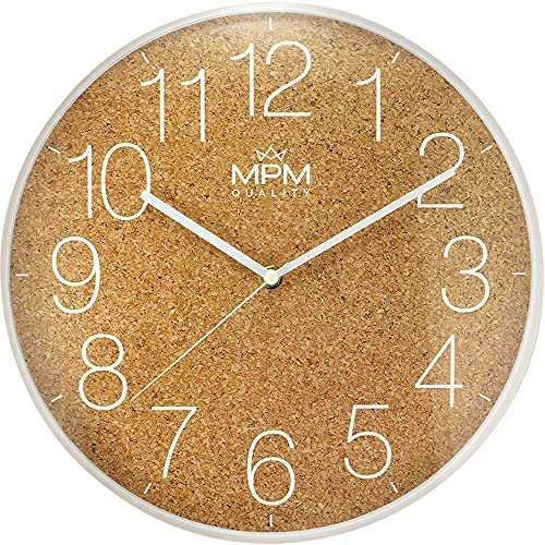 MPM Quality Design Wanduhr, Elegant Kunststoffuhr, Kork-Motiv, Quarz-Uhrwerk Sweep, ∅ 295x45 mm, Kunststoff Mineralglas, für Wohnzimmer, Schlafzimmer, Küche, Büro, Café, Restaurant, Hotel Dekoration