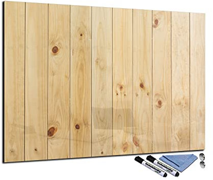 Glas-Magnettafel 70x100 cm Whiteboard Wand Beschreibbar Magnetisch Pinnwand Küche Office Büro mit Zubehör Wochenplaner Abwischbar Deko Memoboard Tafel Holz-Optik Beige