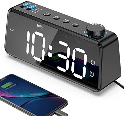 ANJANK Bedside FM Radio Alarm Clock | Bedroom Digital Clock with Wood Grain | USB Charger | Dual Alarm with Weekday or Weekend | Mains Power with Battery Backup | LED Display with 0-100% Dimmer