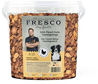 FRESCO Martin Rütter Trainingsdrops Huhn | 1 kg Eimer | Ergänzungsfuttermittelsnack für Hunde zur Belohnung | Monoprotein aus Hühnerfleisch | Ohne künstliche Zusätze