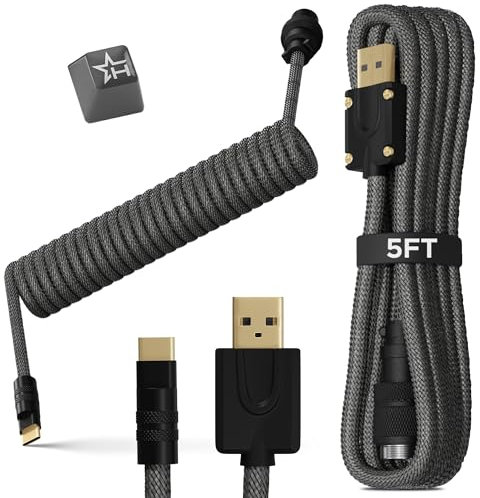 Hystar USB-C コイル型アビエーターケーブル ゲーミングメカニカルキーボード用 | ダブルスリーブケーブル プレミアムアルミニウムコネクタ 金メッキ Type-C接続 90度出口 アルミニウム職人キーキャップ付き