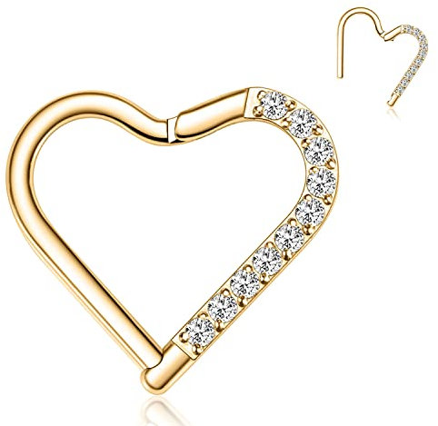 hengkaixuan Herz Septum Clicker Ring Daith Ohrringe Edelstahl Gold Daith Piercing Schmuck Rook Ohrringe CZ Hoop Hinged Segment Clicker Nasenringe Hoop Conch Helix Knorpel Tragus Creolen 8mm