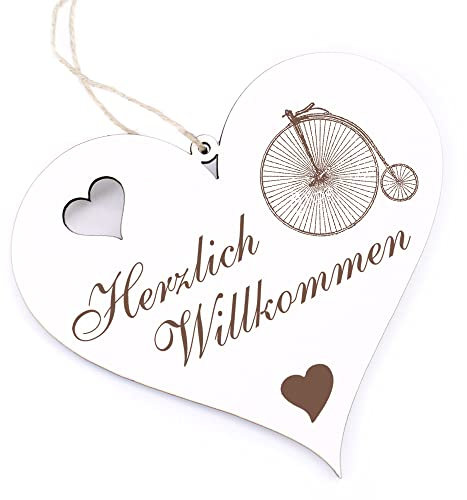 Herzlich Willkommen Schild - altes Hochrad - Deko Herz Holz Willkommensschild Türschild Dekoschild Türdeko