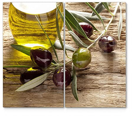 DEQORI Cubiertas de cristal para fogones, juego de 2 unidades, 60 x 52 cm, diseño de rama de olivo y aceite, placas de vitrocerámica en cocina, placas de cristal y tablas de cortar para placa de